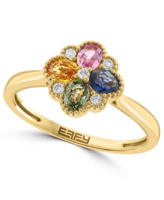 EFFY Collection - Multi-Sapphire (7/8 ct. t.w.) & Diamond (1/20 ct. t.w.) Flower Ring in 14k Gold