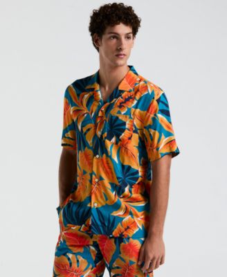 Original Penguin - Men's Slim-Fit Tropical Leaf-Print Button-Down Camp Shirt
