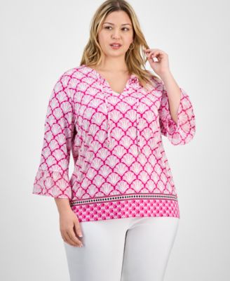 JM Collection - Plus Size Lindsy Geo-Print Chiffon-Sleeve Blouse