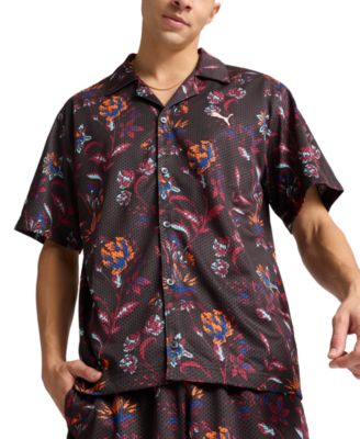 Puma - Men's Relaxed-Fit Floral Button-Down Mesh Camp Shirt