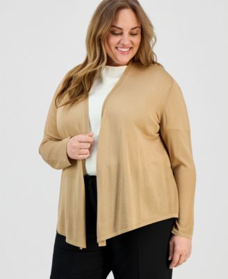 Kasper - Plus Size Open-Front Stitch-Detail Sweater