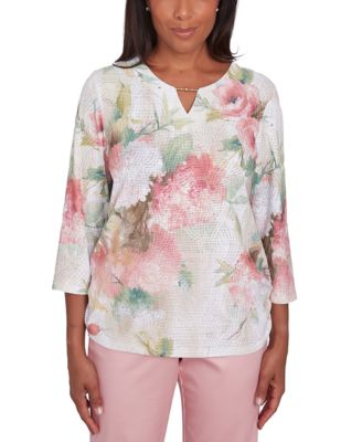 Alfred Dunner - Petite Coming Up Roses Beaded Split-Neck Top