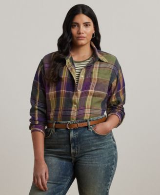 Lauren Ralph Lauren - Plus Size Relaxed-Fit Plaid Linen Shirt