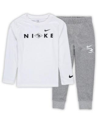 Nike 3BRAND by Russell Wilson - Preschool 2-Piece White/Gray Wordmark 2. 0 Fleece Long Sleeve T-Shirt and Sweatpants Set