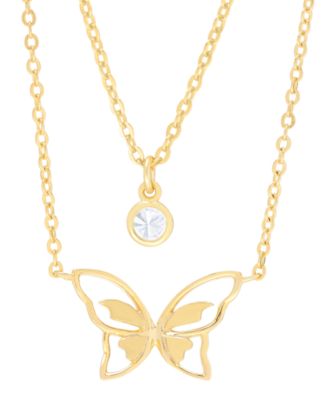 Macy's - Lab-grown  White Sapphire Bezel & Butterfly Layered Pendant Necklace (1/3 ct. t.w.) in 14k Gold-Plated Sterling Silver