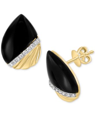 EFFY Collection - Onyx & Diamond (1/10 ct. t.w.) Pear-Shaped Ridged Stud Earrings in 14k Gold