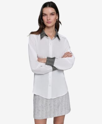 KARL LAGERFELD PARIS - Women's Tweed-Trim Button-Front Shirt