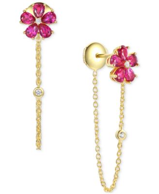 Macy's - Lab-Grown Emerald (1-1/4 ct. t.w.) & Lab-Grown White Sapphire (1/20 ct. t.w.) Flower Front & Back Drop Earrings in 14k Gold-Plated Sterling Silver (Also in Lab-Grown Ruby & Lab-Grown Sapphire)