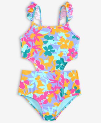 Breaking Waves - Big Girls Flower Sunset Flutter-Strap Cut-Out One-Piece Swimsuit