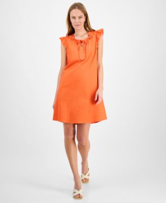 Robbie Bee - Women's Ruffled-Sleeve Split-Neck Shift Dress