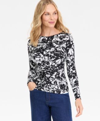 I.N.C. International Concepts - Women's Printed Long-Sleeve Shirred-Front Top
