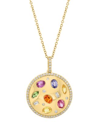 EFFY Collection - Multi-Gemstone (1-1/6 ct. t.w.) & Diamond (1/3 ct. t.w.) Disc Pendant Necklace in 14k Gold, 18" + 1" extender