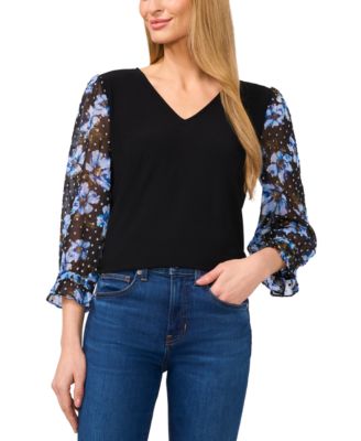CeCe - Women's Floral-Sleeve Mixed-Media V-Neck Top