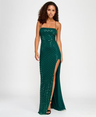 City Studios - Juniors' Pearl-Sequin Straight-Neck Gown