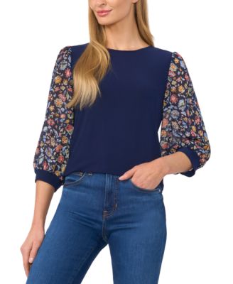 CeCe - Women's Mixed-Media Floral-Sleeve Round-Neck Top