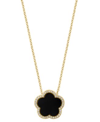 EFFY Collection - Malachite & Diamond (1/6 ct. t.w.) Flower Halo 18" Pendant Necklace in 14k Gold (Also in Onyx)