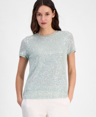 Anne Klein - Petite Crewneck Short-Sleeve Sequin T-Shirt