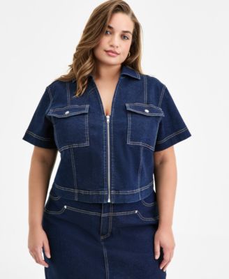 Bar III - Trendy Plus Size Seamed Denim Zip-Front Top