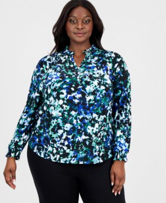 AK Anne Klein - Plus Size Split-Neck Abstract-Print Top