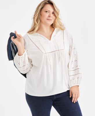 Style & Co - Plus Size Split-Neck Eyelet-Trim Knit Top