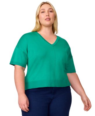 Melissa Paige - Plus Size Seamed V-Neck High-Low Sweater