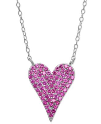 Macy's - Lab Grown Pink Sapphire Pav&eacute; Heart 18" Pendant Necklace (1/3 ct. t.w.) in Sterling Silver