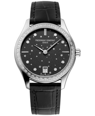 Frederique Constant - Women's Swiss Classic Diamond (3/8 ct. t.w.) Black Leather Strap Watch 36mm