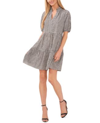 CeCe - Women's Gingham Babydoll Elbow-Sleeve Tiered Dress
