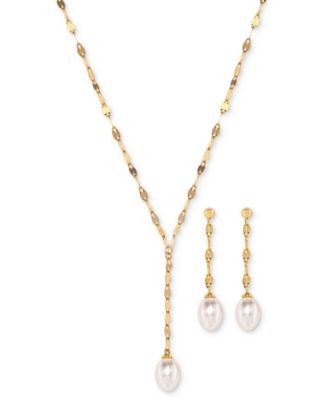 Macy's - 2-Pc. Set Cultured Freshwater Pearl (7 x 9mm) Lariat Necklace & Drop Earrings in Sterling Silver