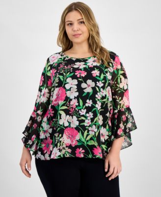 Kasper - Plus Size Floral-Print Ruffle-Sleeve Blouse