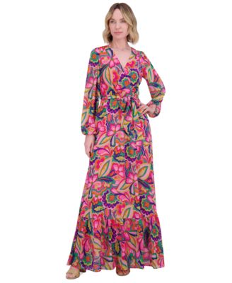 Jessica Howard - Women's Printed Tie-Waist Blouson-Sleeve Maxi Dress