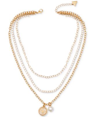 GUESS - Gold-Tone Imitation Pearl & Logo Three Layered Pendant Necklace, 17" + 2" extender