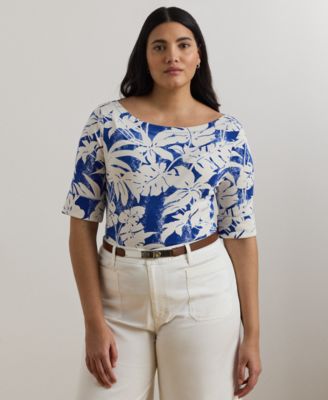 Lauren Ralph Lauren - Plus Size Palm-Frond-Print Cotton Boatneck Tee