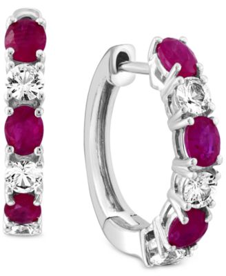 EFFY Collection - Emerald (3/4 ct. t.w.) & White Sapphire (3/4 ct. t.w.) Small Hoop Earrings in 14k White Gold, 0.75"