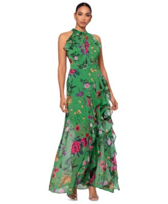 Betsy & Adam - Petite Floral-Print Ruffled Halter Gown