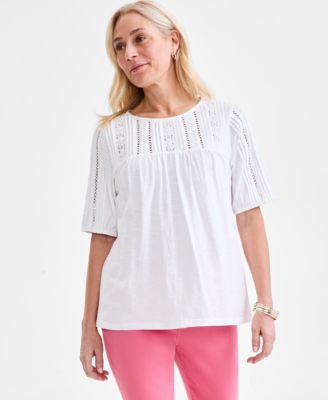 Style & Co - Petite Solid Applique Cotton Short-Sleeve Blouse