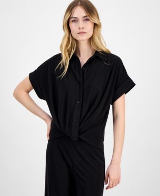 Anne Klein - Women's Solid Twist-Front Button-Down Textured Crepe Knit Top
