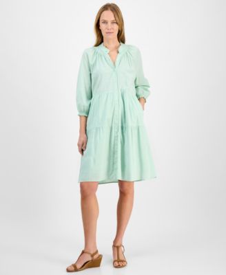 Style & Co - Petite Smocked 3/4-Sleeve Tiered Shirtdress