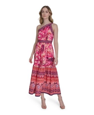 Eliza J - Women's Mixed-Print One-Shoulder Tiered Midi Dress