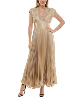 Taylor - Women's Metallic V-Neck Cap-Sleeve Pleated Gown
