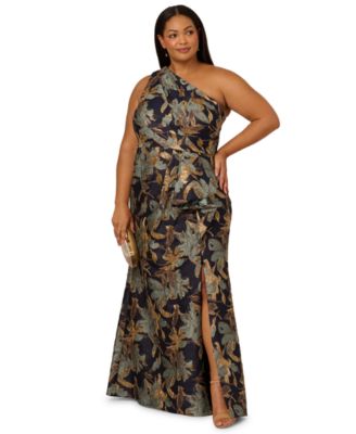 Adrianna Papell - Plus Size Metallic Jacquard One-Shoulder Long Dress