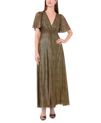 MSK - Women's Metallic V-Neck Flutter-Sleeve Gown