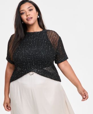 Bar III - Trendy Plus Size Crochet Short-Sleeve Sweater